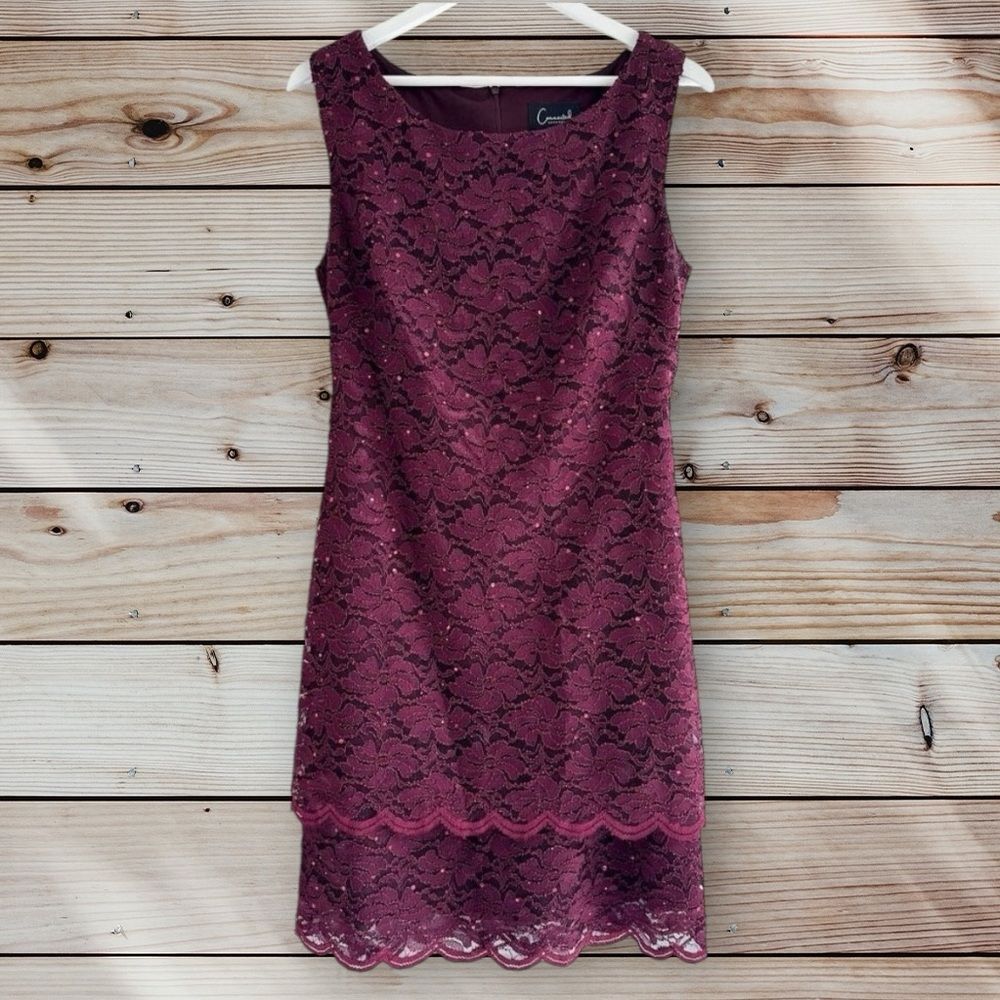 Connected Apparel Women's Burgundy Sleeveless Embroidered Lace Tiered Dress Sz 8
